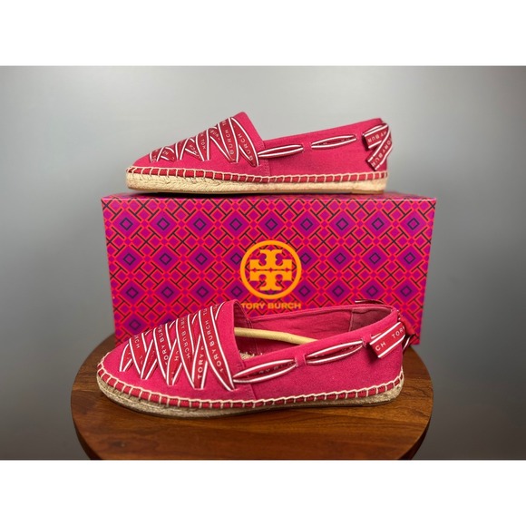 NWT Tory Burch GROSGRAINESPADRILLE, CANVAS/LOGOHERRINGBONE, Bright Azalea, 8.5 - Picture 1 of 8